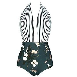 COCOSHIP Retro One Piece Backless Swimsuit High Waisted Pin Up Floral Stripes